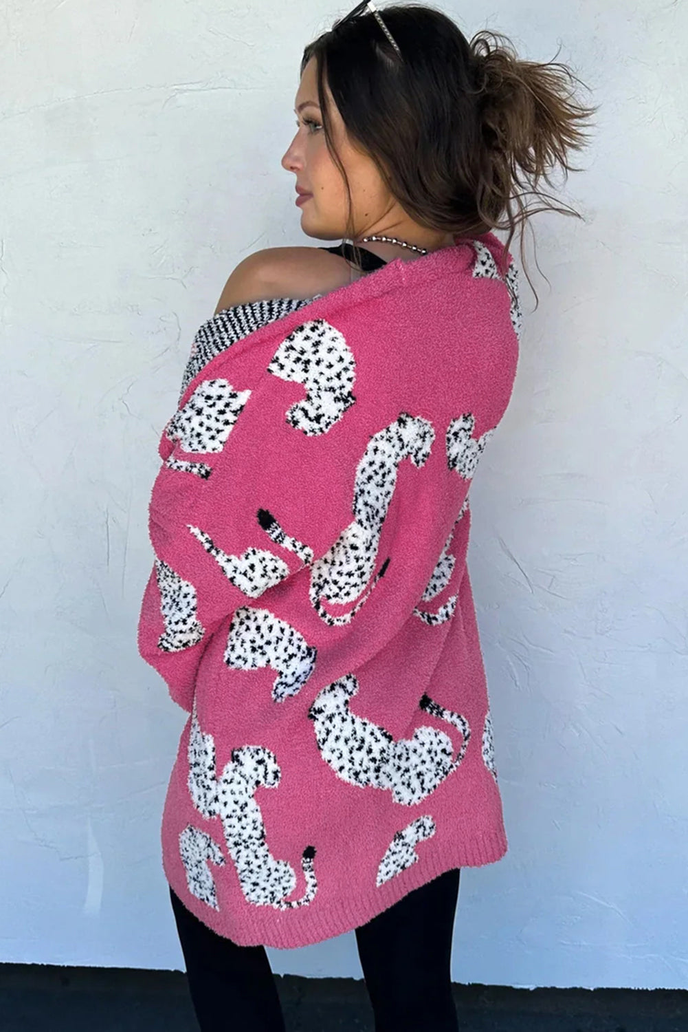 Rose Red Cheetah Pattern Open Front Knitted Cardigan