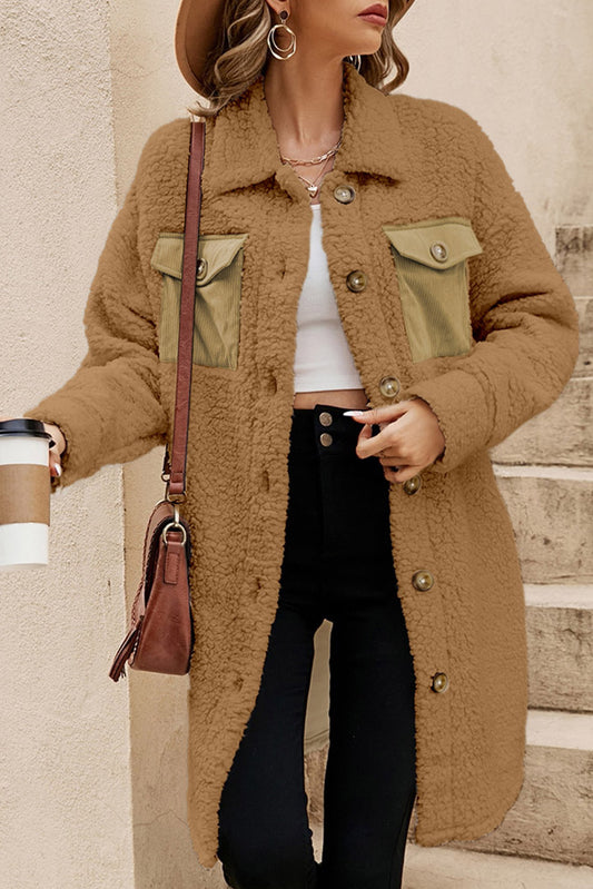 Khaki Contrast Flap Pocket Single Breasted Teddy Coat