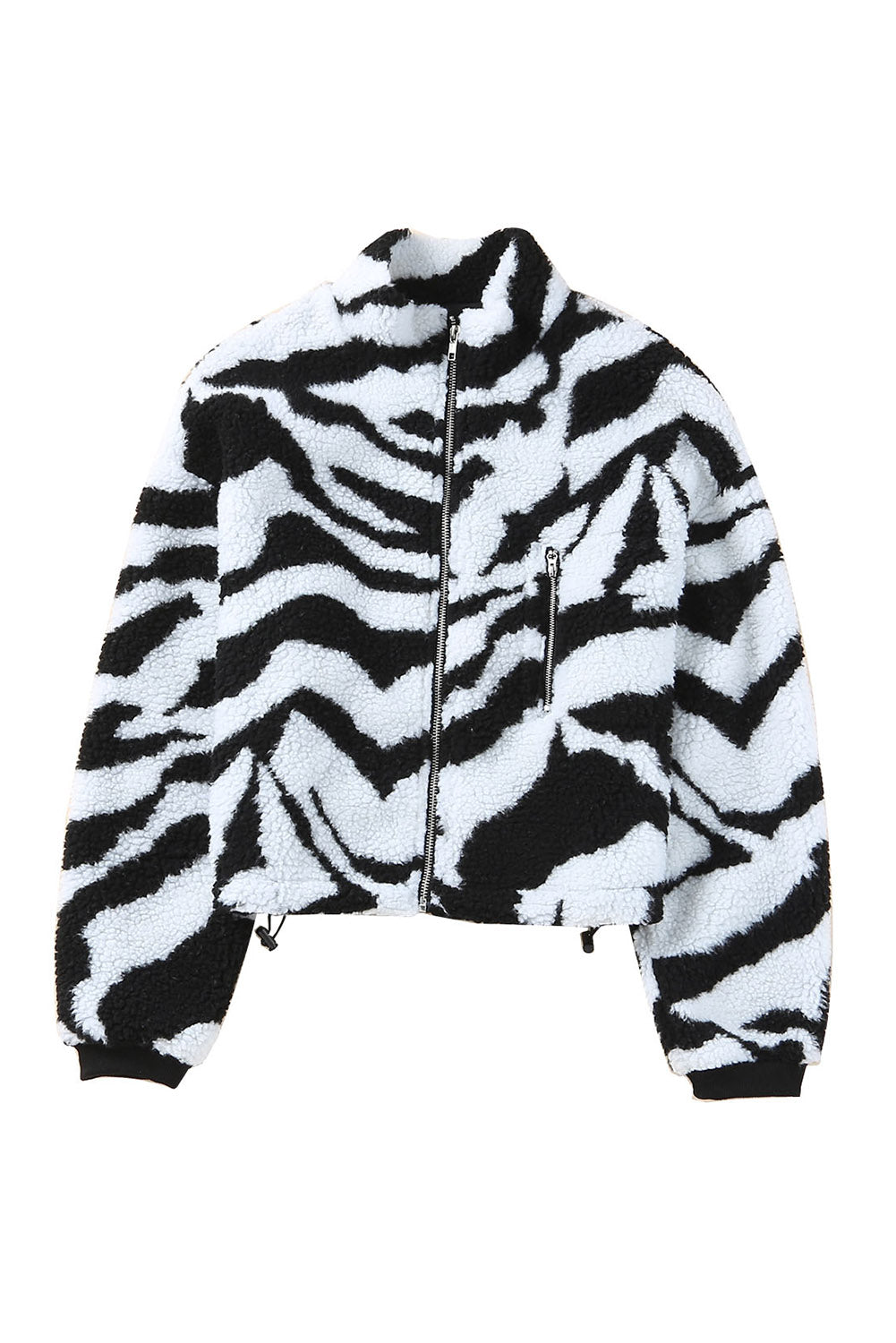 Black Zebra Teddy Zip-up High Neck Jacket