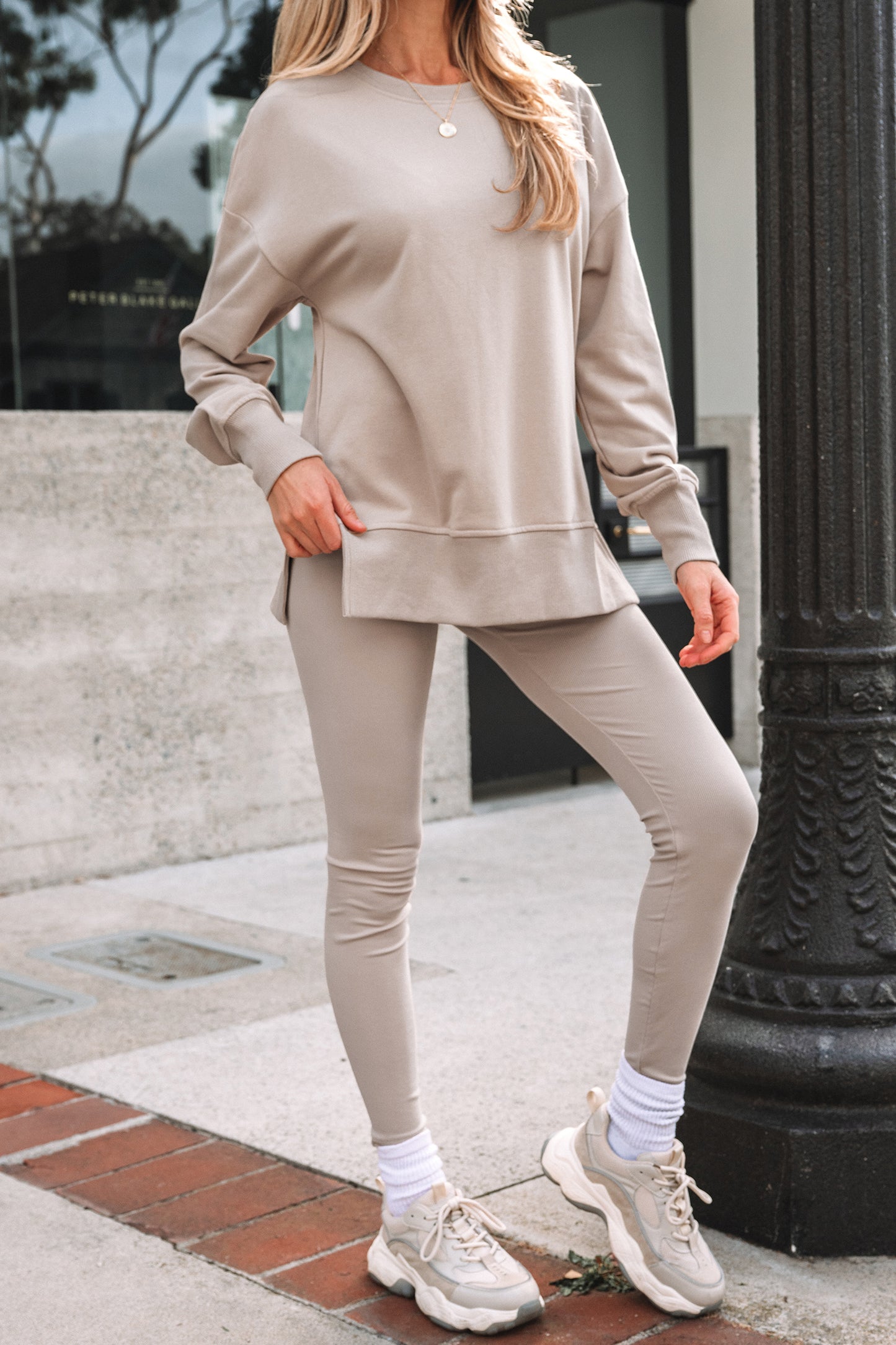 Orchid Mist Solid Color Oversize Slit Sweatshirt Ribbed Leggings 2pcs Set