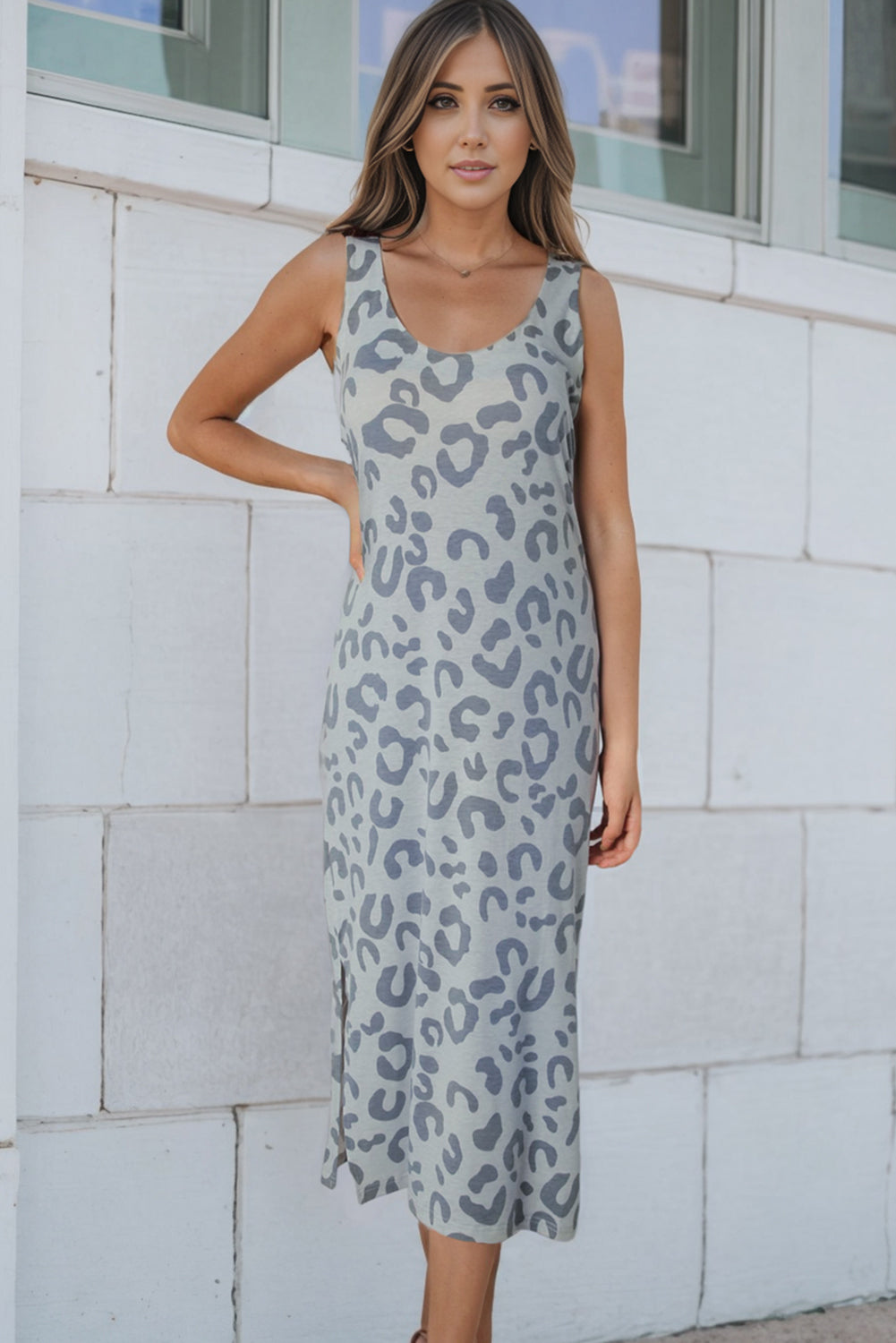 Gray Leopard Print Sleeveless Maxi Dress