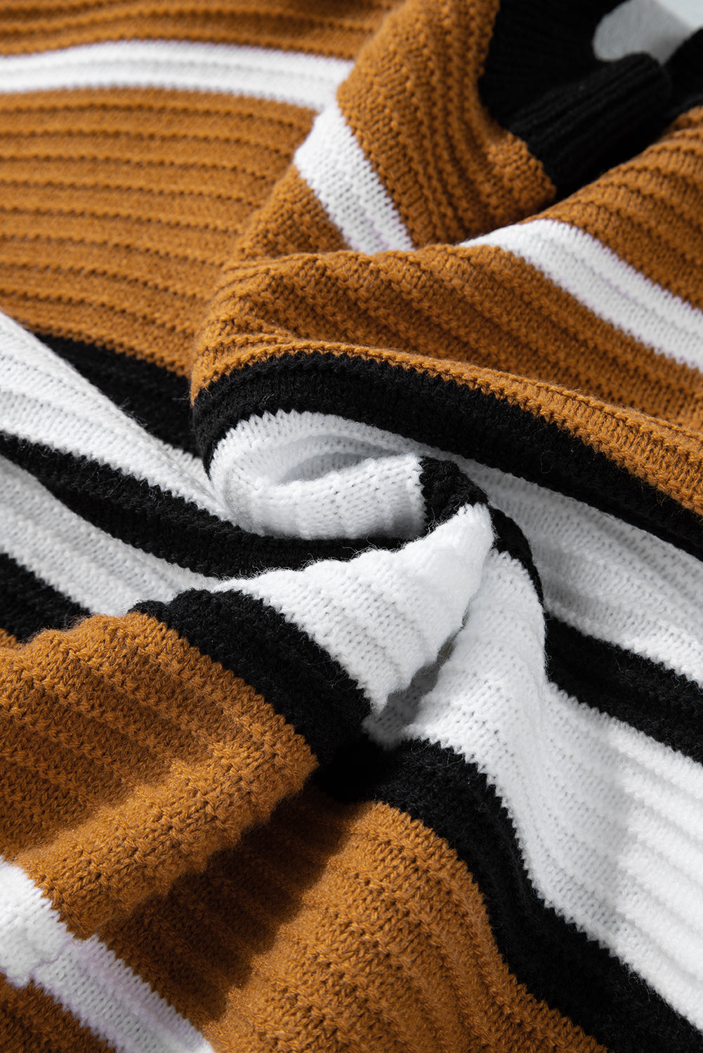 Brown Stripe Contrast Stripes V Neck Textured Knit Sweater