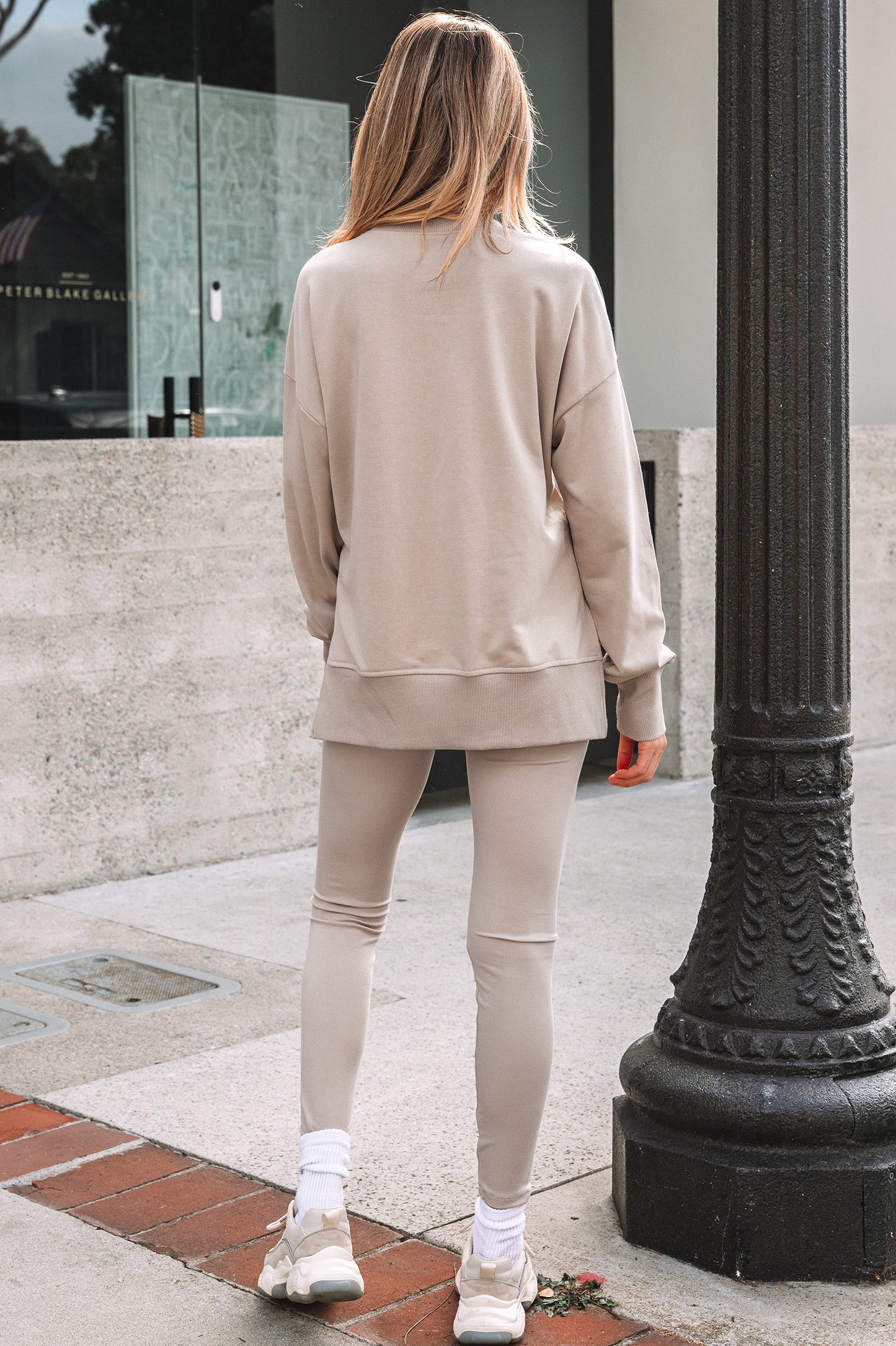 Orchid Mist Solid Color Oversize Slit Sweatshirt Ribbed Leggings 2pcs Set