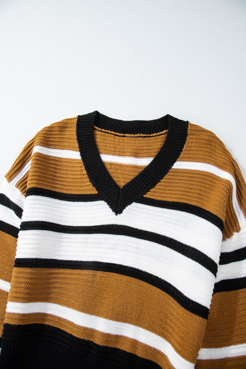 Brown Stripe Contrast Stripes V Neck Textured Knit Sweater