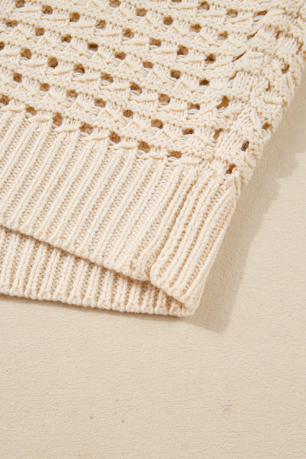 Beige Hollowed Pattern Knit Zip Up Drop Shoulder Sweater Cardigan